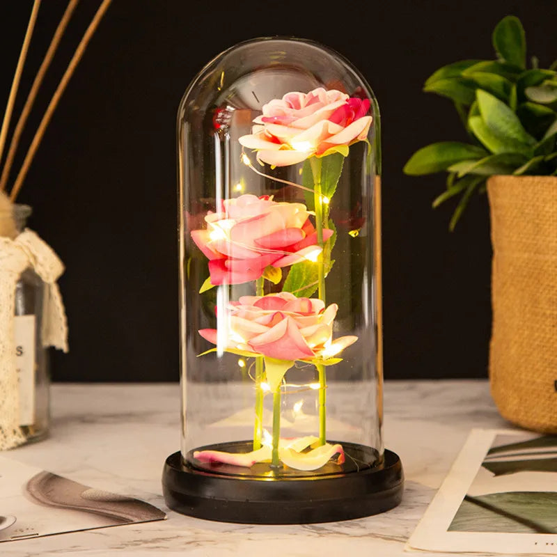 LED Rose Flower with glass cover ornaments for Wedding Party or perfect as Valentine's day gift