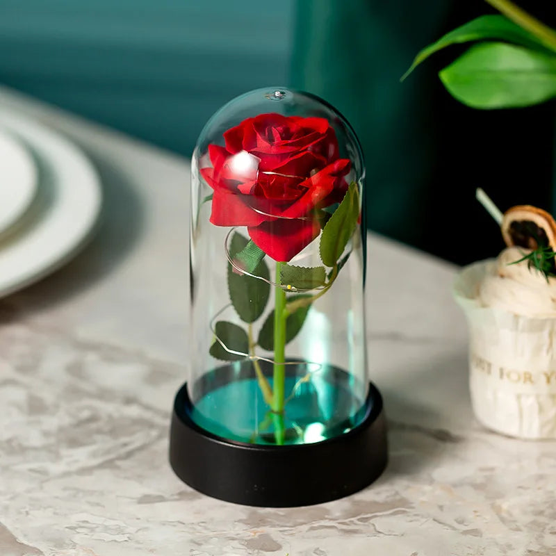 LED Rose Flower with glass cover ornaments for Wedding Party or perfect as Valentine's day gift